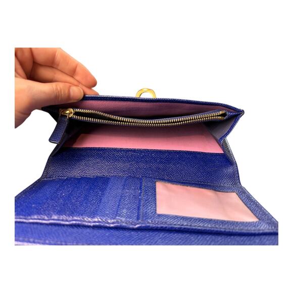 BVLGARI Long Wallet Logo Clip Bi-Fold Royal Blue Leather Light Pink Lining - Picture 16 of 16